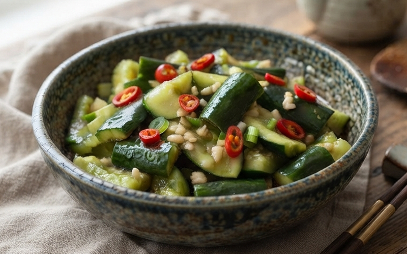 Smashed cucumber salad tossed with chili, garlic, and sesame oil