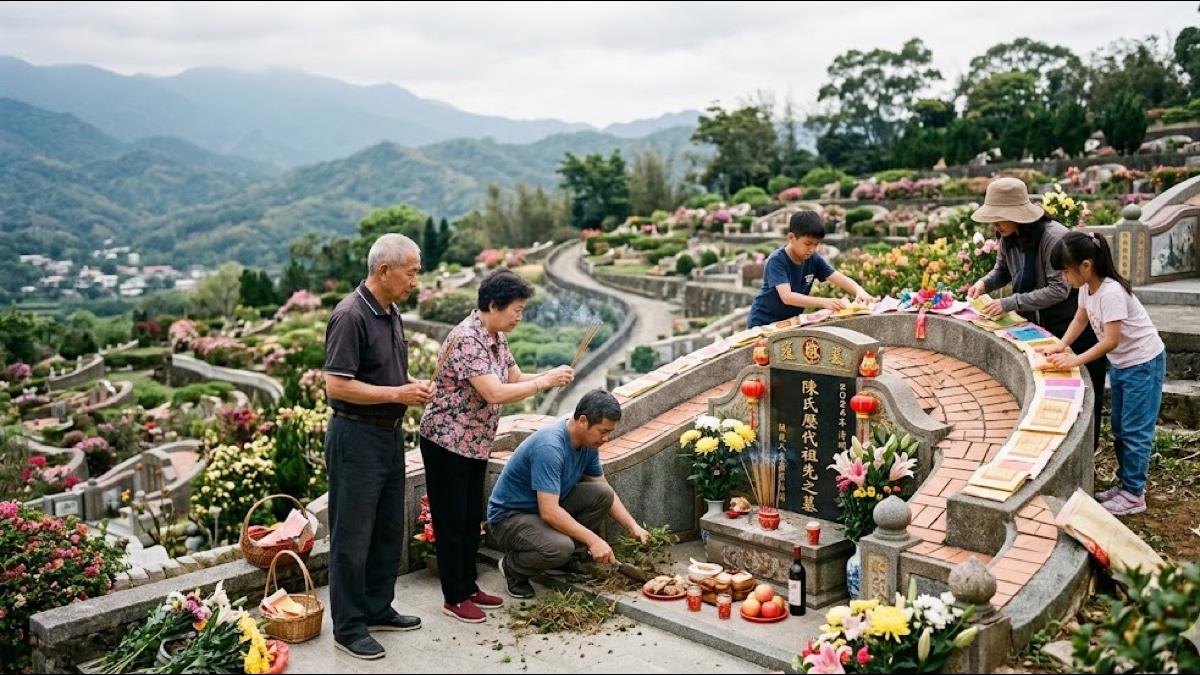 掃墓 — a family tending a grave