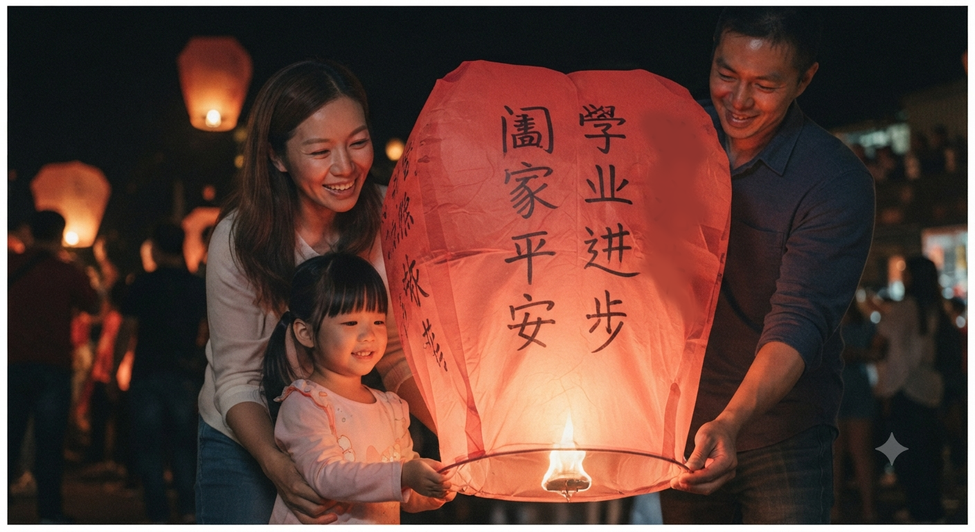 家人放天燈 — a family releasing a sky lantern together