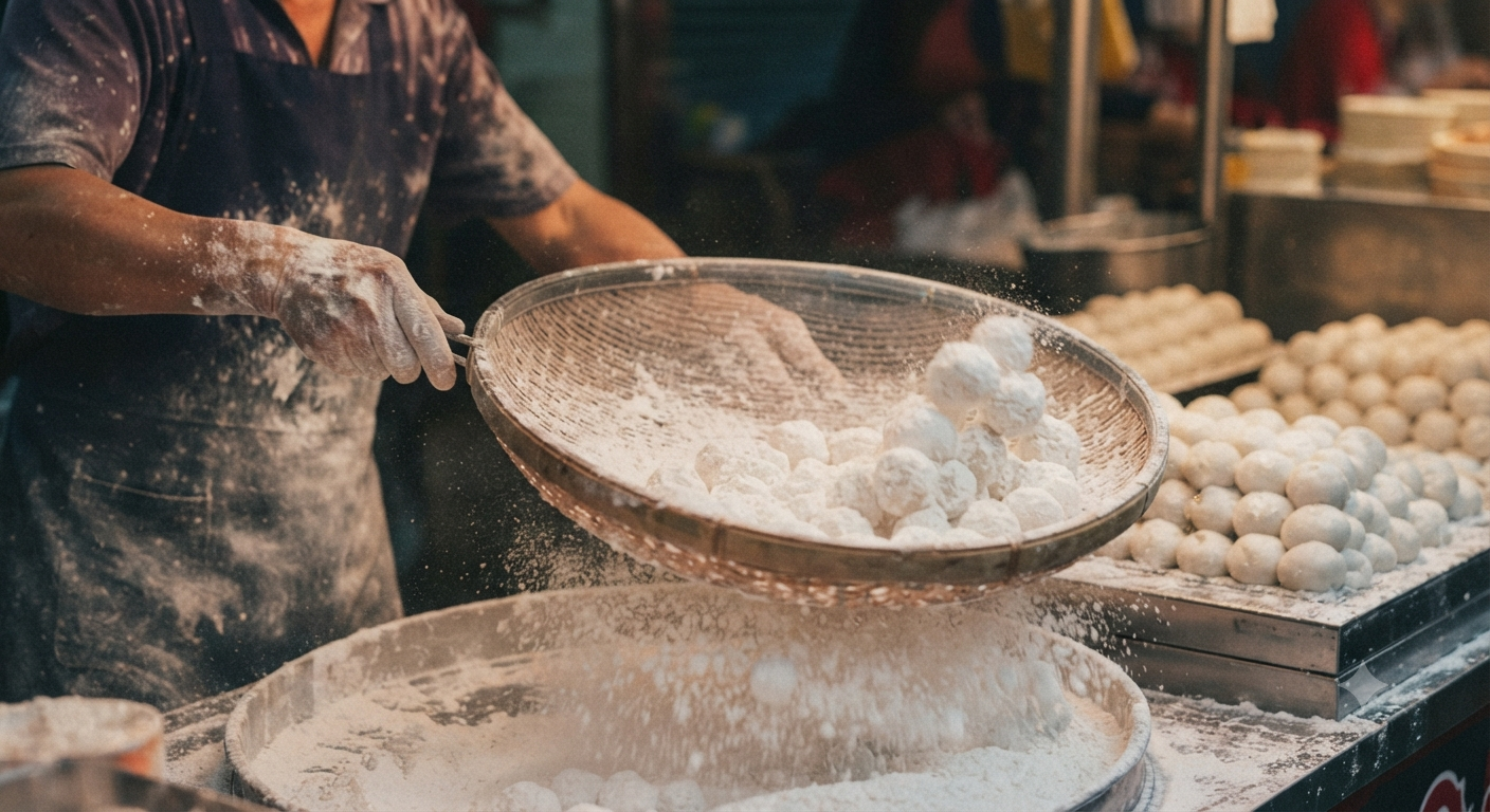 滾元宵 — rolling yuanxiao in dry rice flour