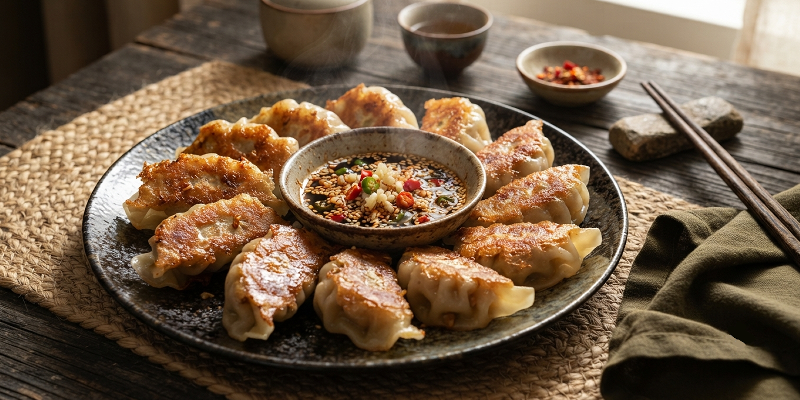 Pan-fried dumplings (jiānjiǎo) with crispy golden bottoms
