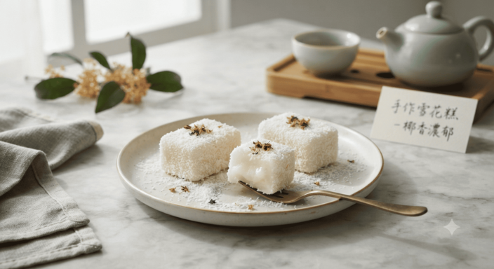Snowflake cake, cut into cubes and dusted with coconut powder